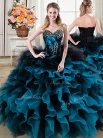 Fantastic Black and Blue Ball Gowns Organza and Tulle Sweetheart Sleeveless Beading and Ruffles and Hand Made Flower Floor Length Lace Up Quinceanera Dresses
