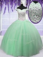 Off the Shoulder Floor Length Lace Up 15 Quinceanera Dress Apple Green for Military Ball and Sweet 16 and Quinceanera with Beading
