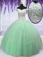 Off the Shoulder Floor Length Lace Up 15 Quinceanera Dress Apple Green for Military Ball and Sweet 16 and Quinceanera with Beading(SKU PSSW043-9BIZ)