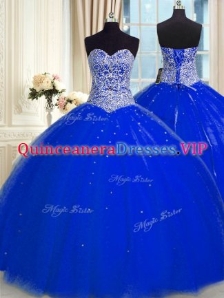 Sweetheart Sleeveless Sweet 16 Quinceanera Dress Floor Length Beading and Sequins Royal Blue Tulle