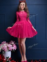 Scalloped 3 4 Length Sleeve Chiffon Quinceanera Dama Dress Beading and Lace and Appliques Lace Up