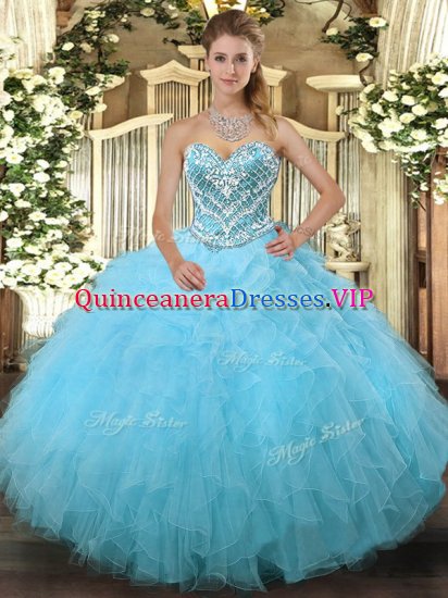 Chic Aqua Blue Lace Up Sweetheart Beading and Ruffles Sweet 16 Quinceanera Dress Tulle Sleeveless - Click Image to Close