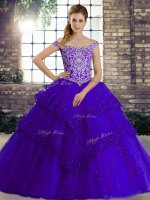 Edgy Purple Lace Up Off The Shoulder Beading and Lace Sweet 16 Dresses Tulle Sleeveless Brush Train