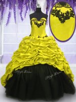 Suitable Sweetheart Sleeveless Taffeta Quinceanera Gown Appliques and Pick Ups Sweep Train Lace Up