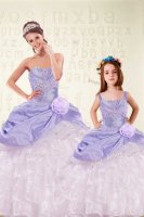 Customized Ruffled Floor Length Ball Gowns Sleeveless Lavender Quince Ball Gowns Lace Up