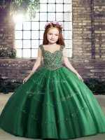 Floor Length Dark Green Kids Pageant Dress Straps Sleeveless Lace Up