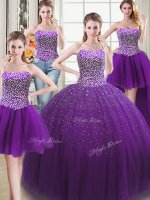 Four Piece Purple Tulle Lace Up Ball Gown Prom Dress Sleeveless Floor Length Beading