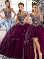 Purple Ball Gowns Beading Sweet 16 Dress Lace Up Tulle Cap Sleeves