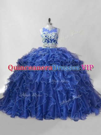 Smart Organza Sleeveless Ball Gown Prom Dress Brush Train and Beading and Ruffles