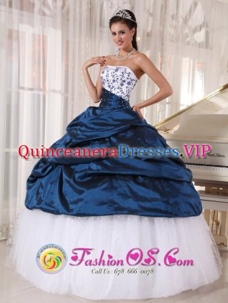 White and Navy Blue Taffeta and Organza Embroidery Decorate Bust Ball Gown Floor-length Quinceanera Dress For In Oviedo FL