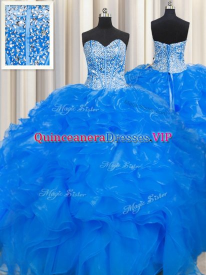 Custom Designed Visible Boning Beaded Bodice Blue Ball Gowns Sweetheart Sleeveless Organza Floor Length Lace Up Beading and Ruffles Quinceanera Dress - Click Image to Close