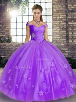 Popular Sleeveless Floor Length Beading and Appliques Lace Up 15th Birthday Dress with Lavender