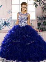 Purple Ball Gowns Organza Scoop Sleeveless Beading and Ruffles Floor Length Lace Up Sweet 16 Quinceanera Dress