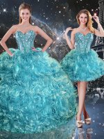 Traditional Aqua Blue Vestidos de Quinceanera Military Ball and Sweet 16 and Quinceanera with Beading and Ruffles Sweetheart Sleeveless Lace Up(SKU QDDTA95001-5BIZ)