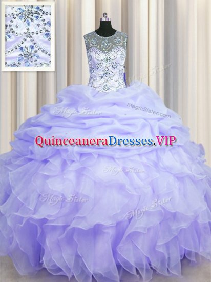 See Through Scoop Lavender Sleeveless Organza Lace Up Sweet 16 Dresses for Military Ball and Sweet 16 and Quinceanera - Click Image to Close