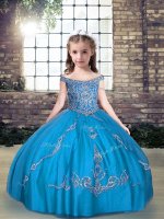 Most Popular Sleeveless Floor Length Beading and Appliques Lace Up Pageant Dresses with Aqua Blue