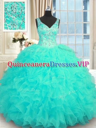 Latest V-neck Sleeveless 15th Birthday Dress Floor Length Beading and Ruffles Aqua Blue Organza