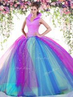 Admirable High-neck Sleeveless Backless Quinceanera Dresses Multi-color Tulle
