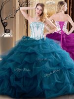 Beauteous Strapless Sleeveless Tulle Quince Ball Gowns Embroidery and Ruffled Layers Lace Up