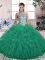 Unique Turquoise Ball Gowns Halter Top Sleeveless Tulle Floor Length Lace Up Beading and Ruffles Quinceanera Dress