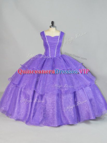 Custom Designed Lavender Organza Lace Up 15 Quinceanera Dress Sleeveless Floor Length Beading and Ruffled Layers - Click Image to Close