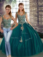Peacock Green Two Pieces Tulle Straps Sleeveless Beading and Appliques Floor Length Lace Up Quinceanera Dress