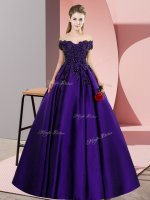 Purple A-line Lace 15 Quinceanera Dress Zipper Satin Sleeveless Floor Length