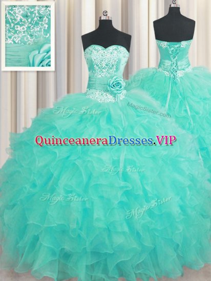 Wonderful Handcrafted Flower Aqua Blue Lace Up 15 Quinceanera Dress Beading and Ruffles and Hand Made Flower Sleeveless Floor Length - Click Image to Close