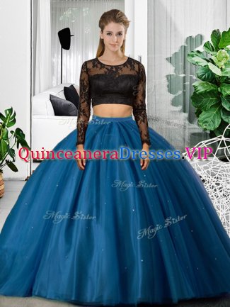 Blue Long Sleeves Lace and Ruching Floor Length Military Ball Gown