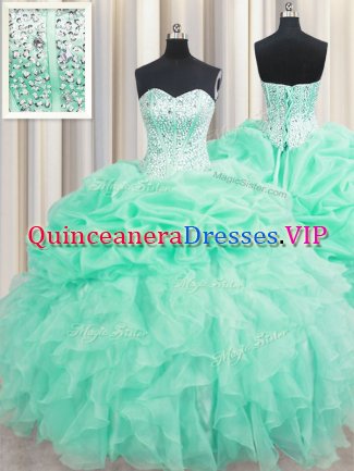 Superior Sleeveless Organza Floor Length Lace Up 15 Quinceanera Dress in Apple Green with Beading and Ruffles and Pick Ups