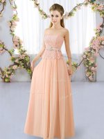 Peach Sleeveless Lace and Belt Floor Length Quinceanera Court Dresses