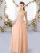 Peach Sleeveless Lace and Belt Floor Length Quinceanera Court Dresses