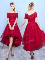 New Style High Low Wine Red Damas Dress Off The Shoulder Short Sleeves Lace Up(SKU BMT0303BIZ)