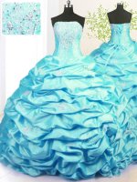 Superior Aqua Blue Sweet 16 Quinceanera Dress Military Ball and Sweet 16 and Quinceanera with Beading and Pick Ups Strapless Sleeveless Sweep Train Lace Up(SKU PSSW0442-2BIZ)