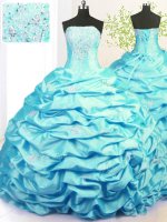 Superior Aqua Blue Sweet 16 Quinceanera Dress Military Ball and Sweet 16 and Quinceanera with Beading and Pick Ups Strapless Sleeveless Sweep Train Lace Up