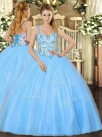 Floor Length Baby Blue Quinceanera Gowns Organza Sleeveless Beading and Appliques