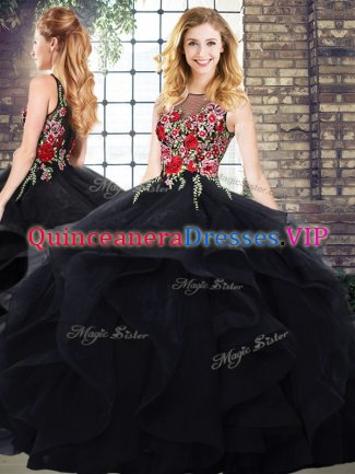 Scoop Sleeveless Zipper Embroidery and Ruffles Sweet 16 Quinceanera Dress in Black