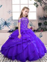 Elegant Organza Scoop Sleeveless Lace Up Beading and Ruffled Layers Girls Pageant Dresses in Purple