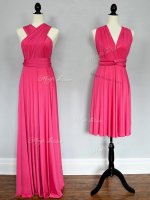 Floor Length Lace Up Quinceanera Court Dresses Hot Pink for Prom and Sweet 16 and Wedding Party with Ruching