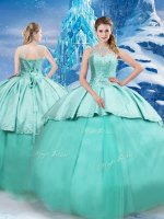 Turquoise Ball Gowns Tulle Scoop Sleeveless Beading and Ruching Lace Up Military Ball Dresses Brush Train