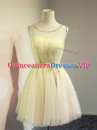 Deluxe Gold Tulle Lace Up Scoop Sleeveless Knee Length Quinceanera Court Dresses Belt