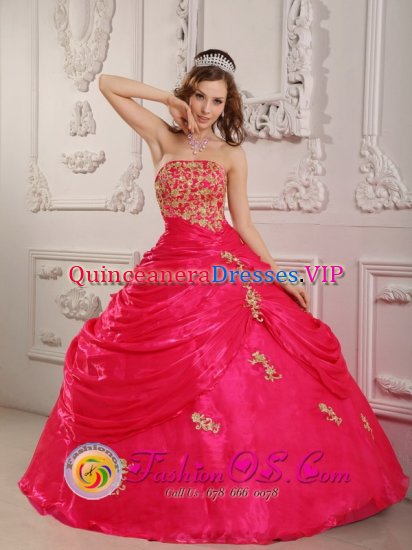 Hot Pink Appliques Decorate Strapless Layered Ruching Quinceanera Dress In Silver Spring Maryland/MD - Click Image to Close