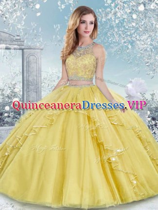 Best Gold Two Pieces Beading and Lace Quinceanera Gowns Clasp Handle Tulle Sleeveless Floor Length