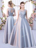 Dazzling Empire Quinceanera Court Dresses Silver Scoop Satin Sleeveless Floor Length Lace Up