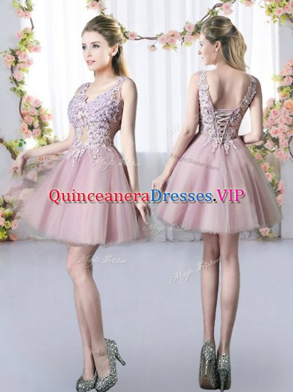 Pink A-line V-neck Sleeveless Tulle Mini Length Lace Up Appliques Damas Dress - Click Image to Close