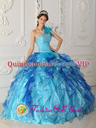 Milton OntarioON Aqua Blue One Shoulder Discount Quinceanera Dress Beaded Bodice Satin and Organza Ball Gown