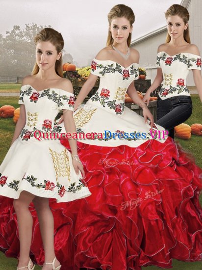 Organza Off The Shoulder Sleeveless Lace Up Embroidery and Ruffles Vestidos de Quinceanera in White And Red - Click Image to Close