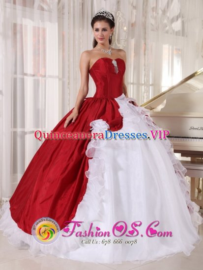 Wine Red and White Ball Gown Quinceanera Dress For In Alachua FL Hand Made Flowers and Beading Brooch with Sweetheart Organza and Taffeta - Click Image to Close