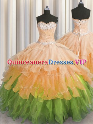 Sleeveless Lace Up Floor Length Beading and Ruffles and Ruffled Layers and Sequins Custom Made
