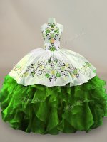 Custom Designed Floor Length Green 15 Quinceanera Dress Organza Sleeveless Embroidery